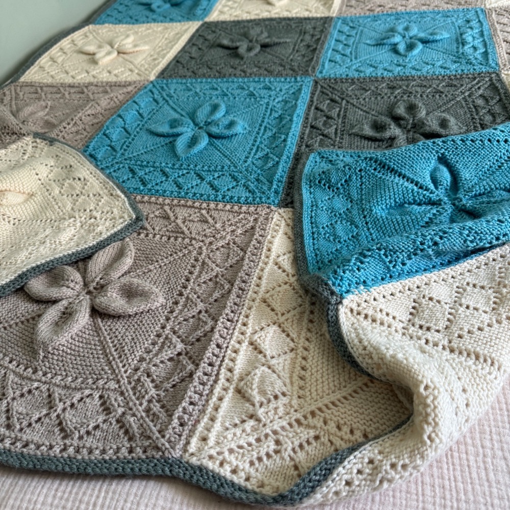 Handmade Knit Throw Blanket 66x66 Blue Grey Cream 3D Floral Granny Square SOFT! - Picture 4 of 13